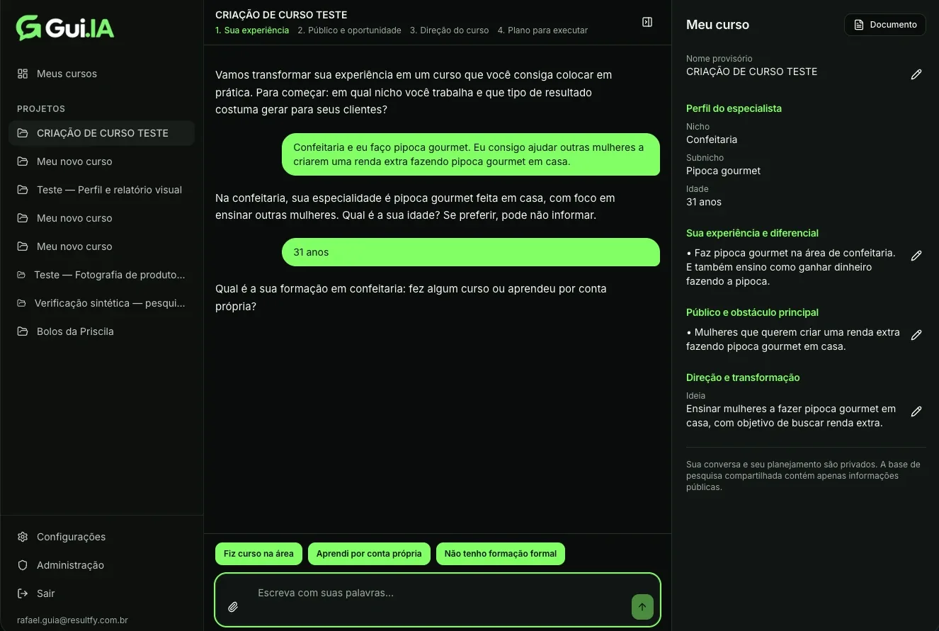 Tela real do Sistema Guia: conversa e planejamento do curso
