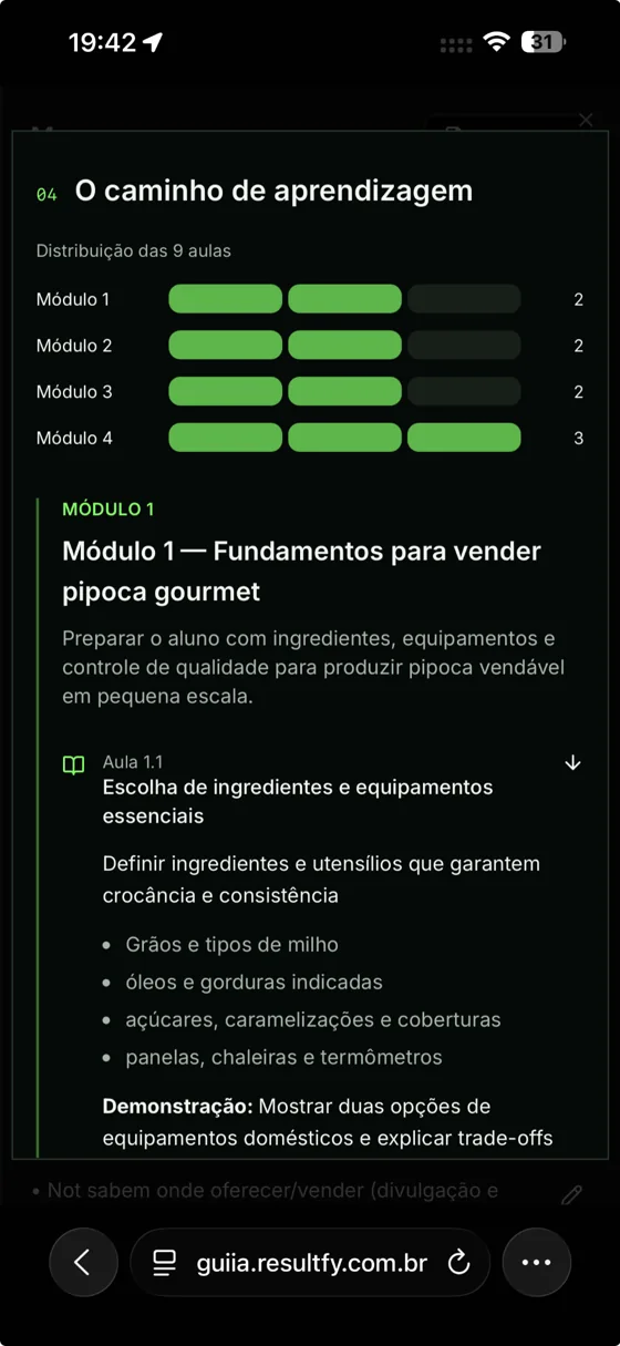 Print real do relatório Gui.IA: Módulos, aulas e conteúdos